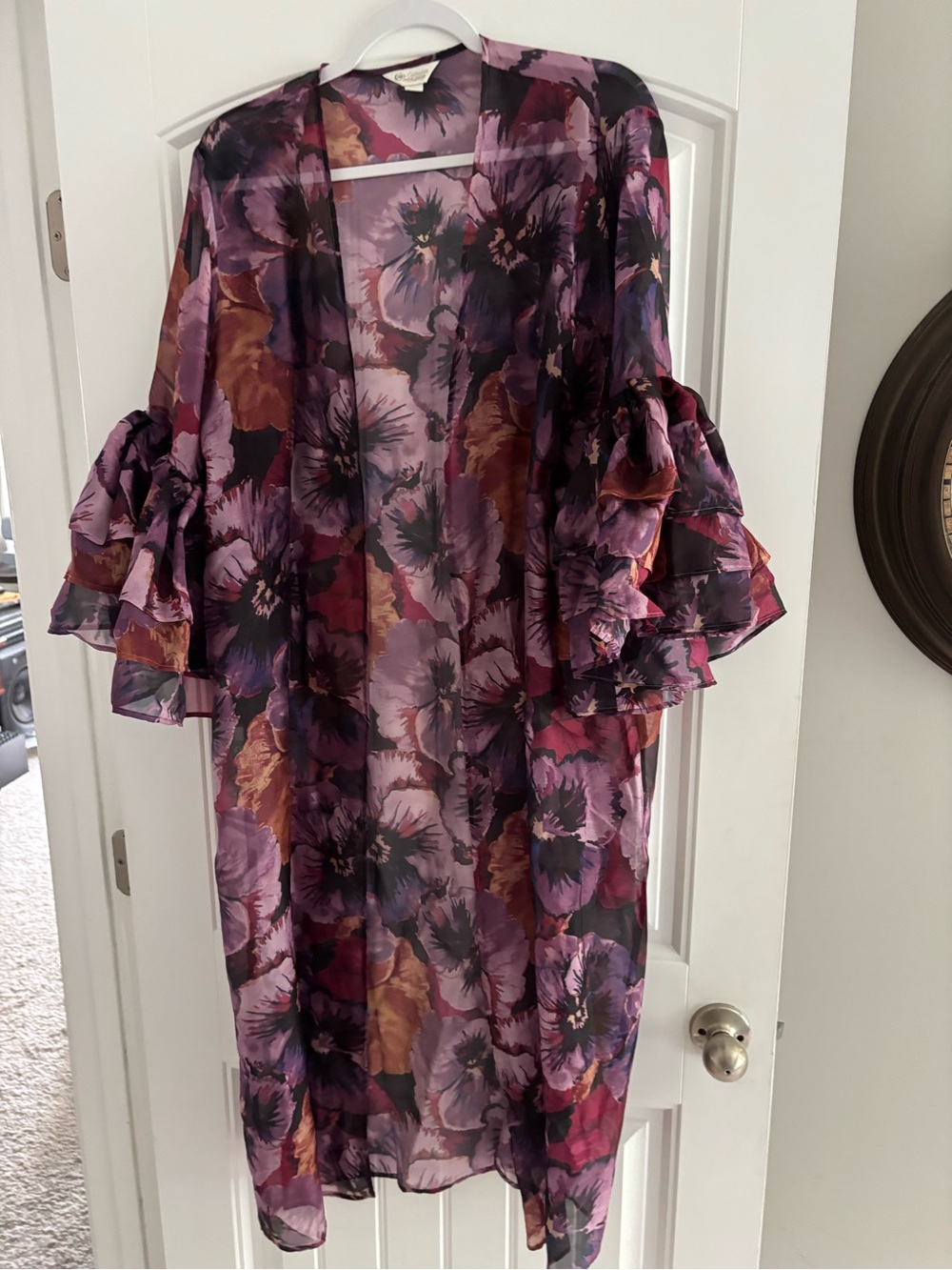 Cato Floral Sheer Kimono Duster in Plum and Wine Tones